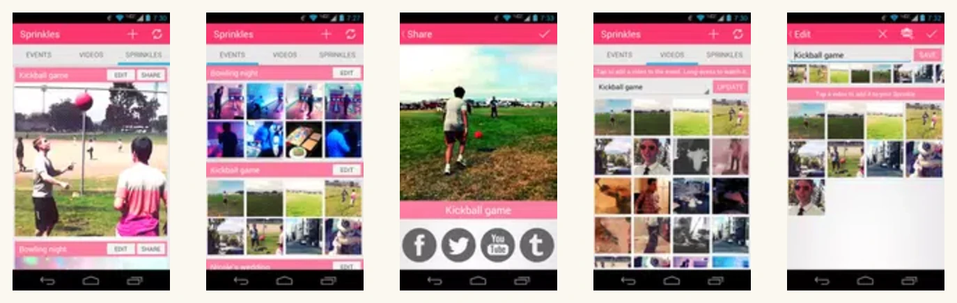 Five archived Sprinkles Android screenshots showing events, videos, sharing, and editing screens.